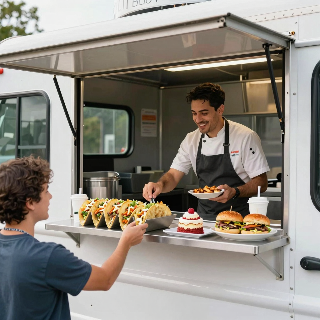 Close-up of a gourmet food truck with delicious dishes being served