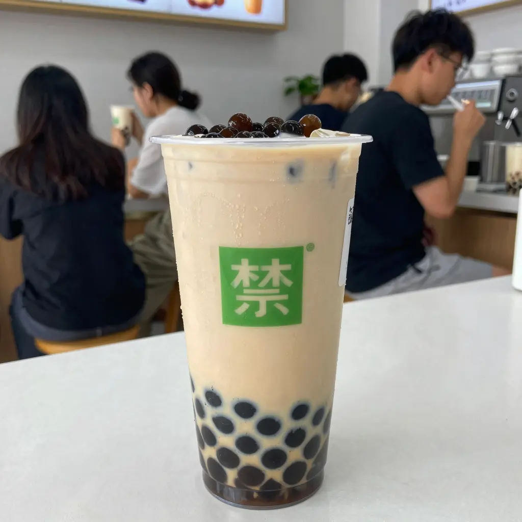 Clear plastic cup in a bubble tea shop