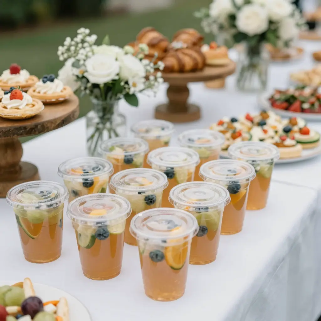 Clear plastic cups at a catering event