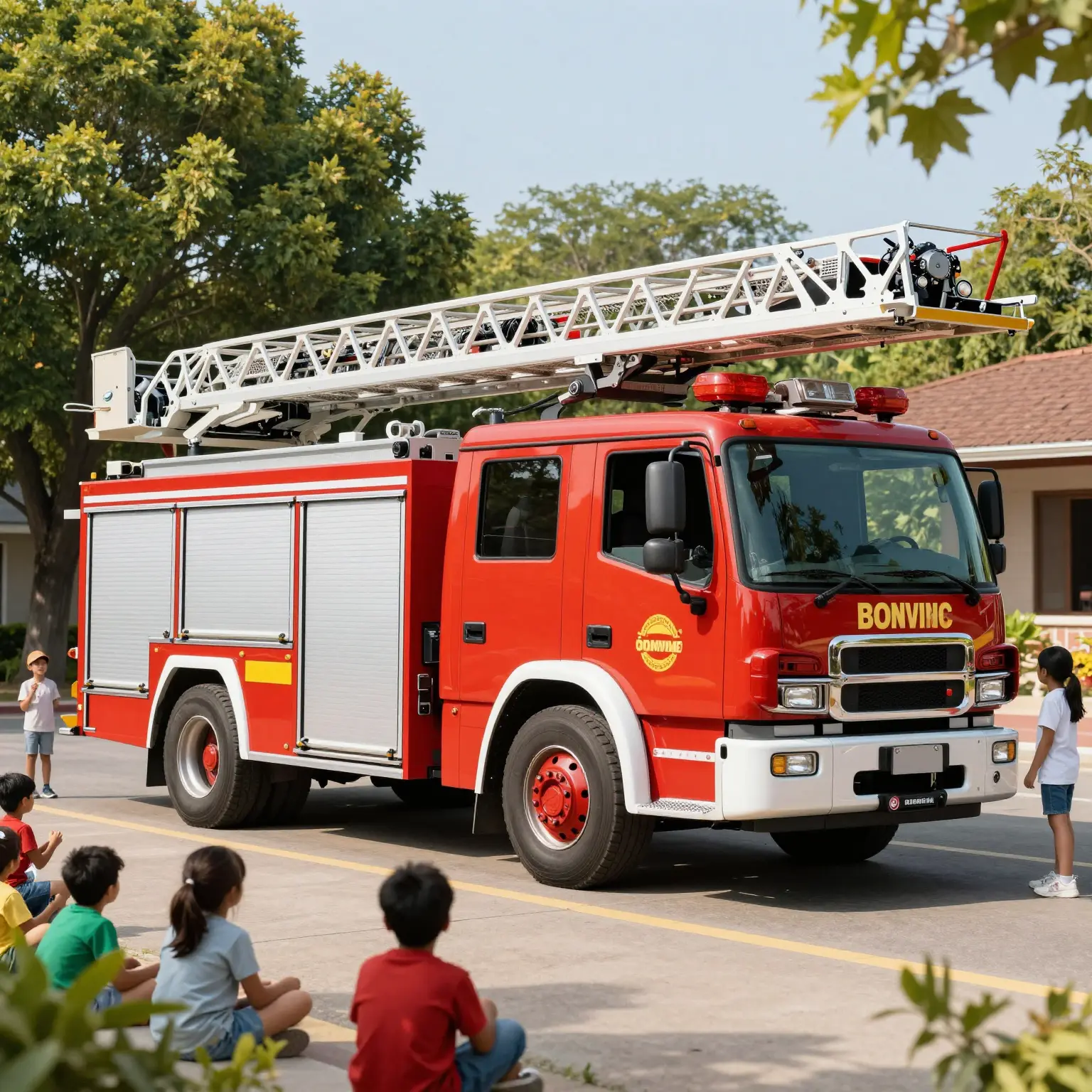 A vibrant fire ladder truck with a modern color scheme