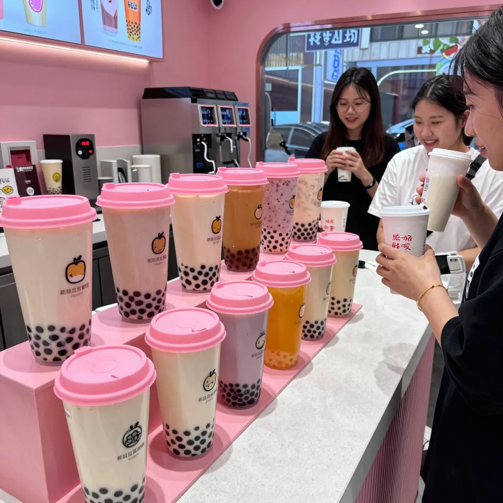 Pink Apple Plastic Food Containers in a Bubble Tea Shop