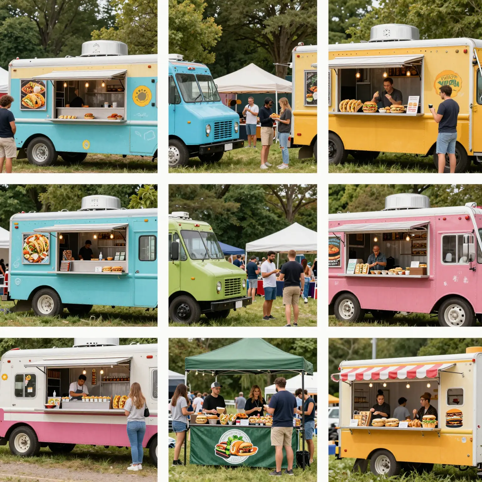 A vibrant collage showcasing various food trucks at a festival setting, emphasizing diversity in cuisines like tacos, sushi, burgers, and desserts.