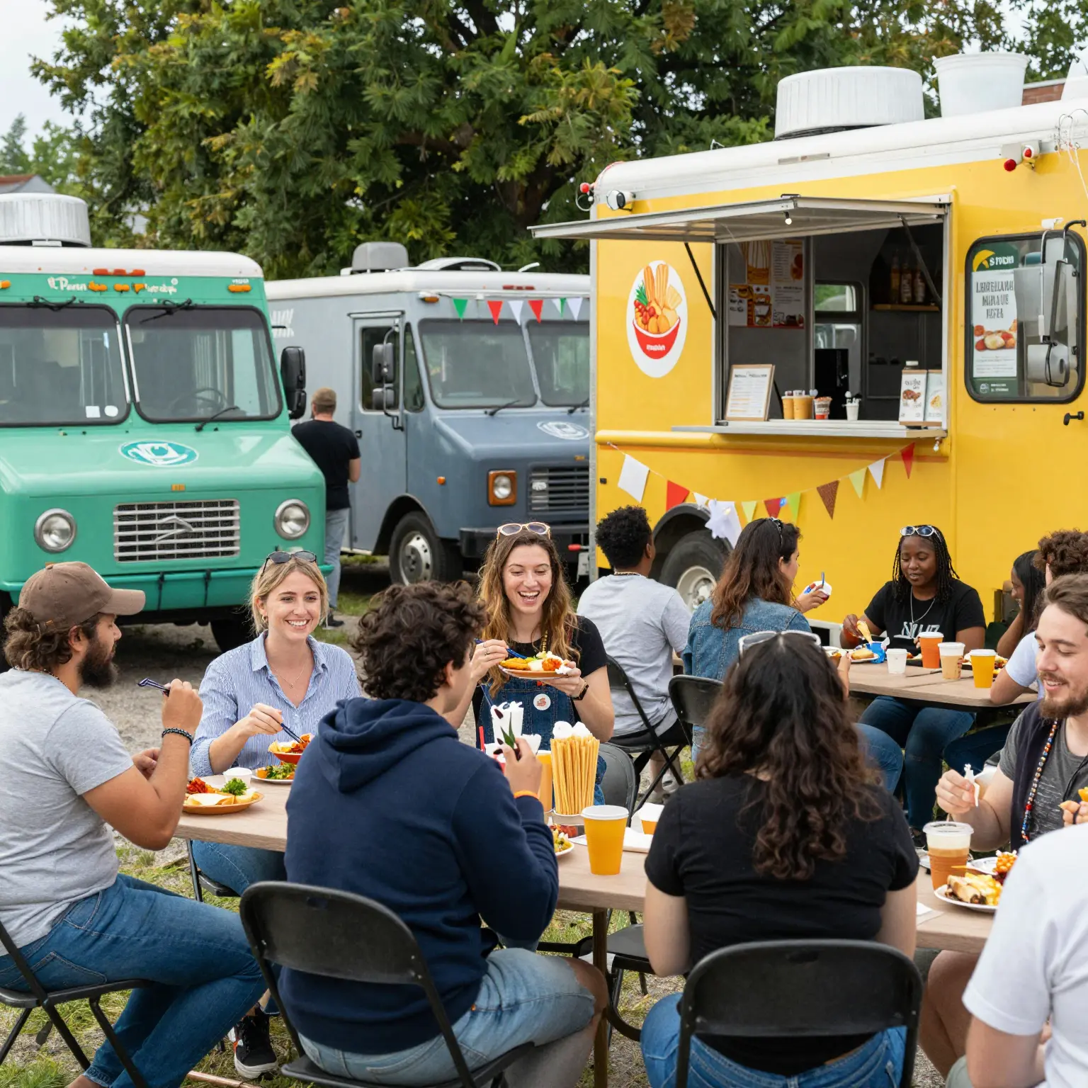 A vibrant food truck scene showcasing various food trucks and happy visitors at Food Truck Friday, highlighting community and excitement.