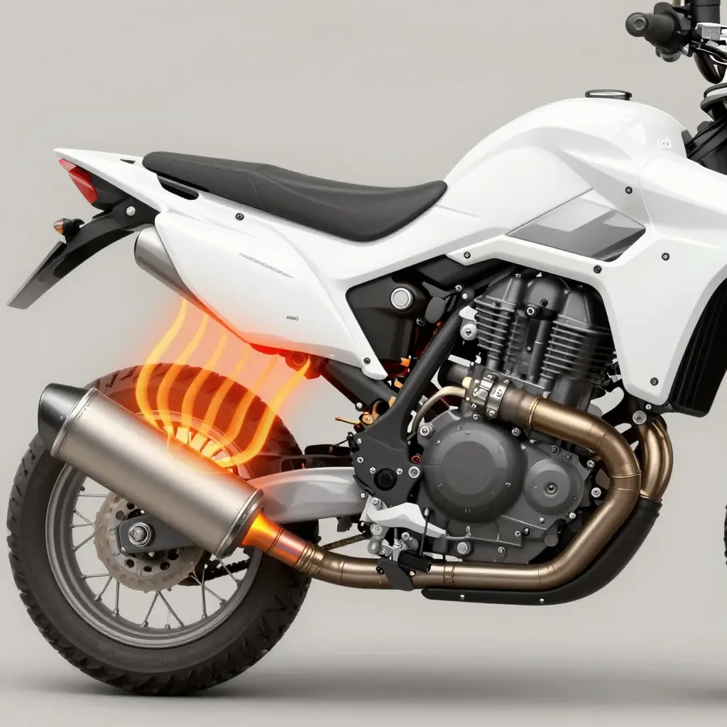 Infographic of a motorcycle exhaust header radiating heat toward a fiberglass fairing panel