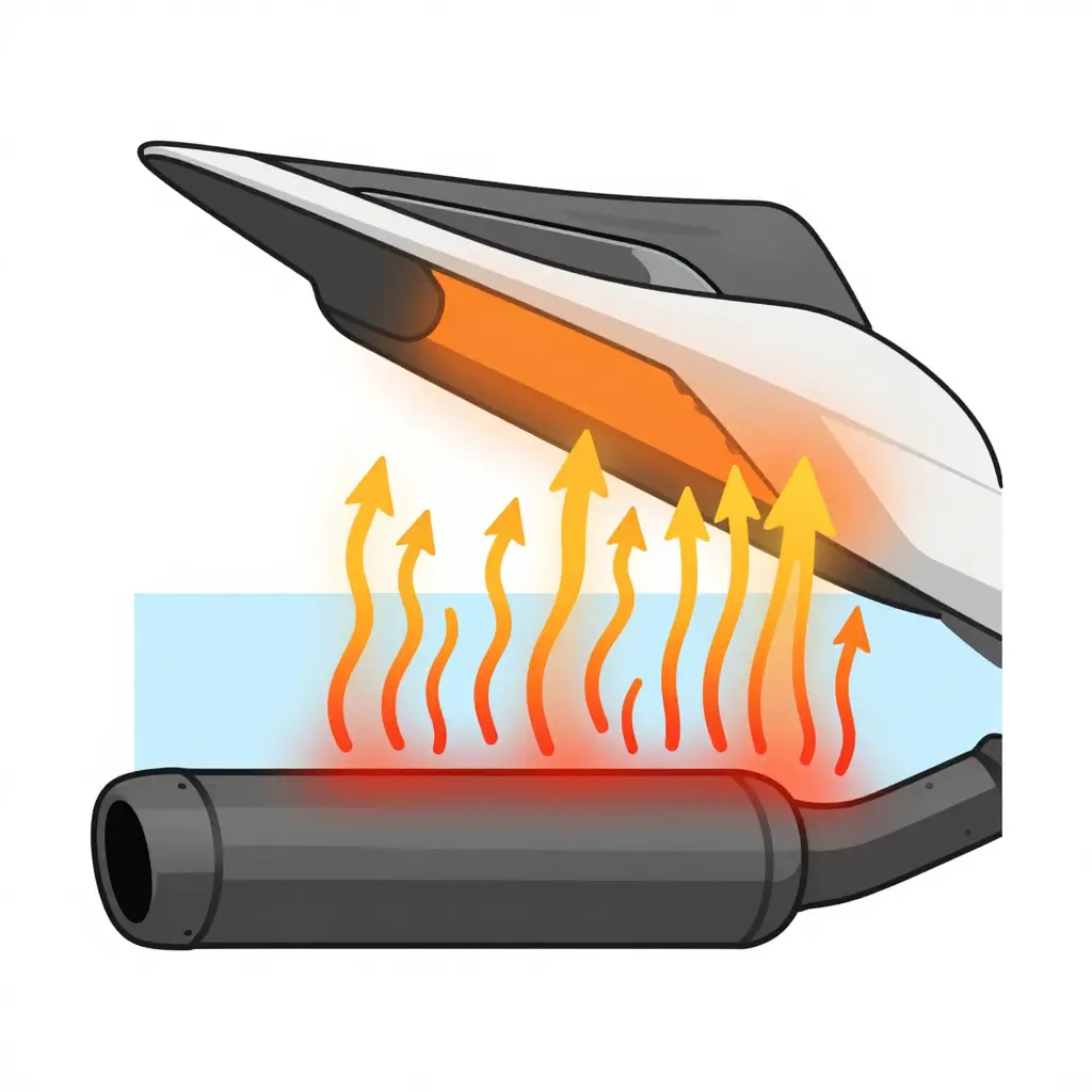 Flat schematic diagram showing radiant wavy heat arrows and convective rising heat arrows traveling from a motorcycle exhaust header across an air gap to a fairing panel mounted above it