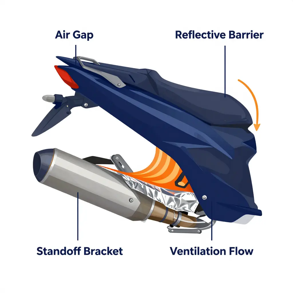 Cutaway diagram of a motorcycle fairing beside an exhaust header, showing an air gap, reflective heat shielding barrier, standoff bracket, and ventilation flow arrows