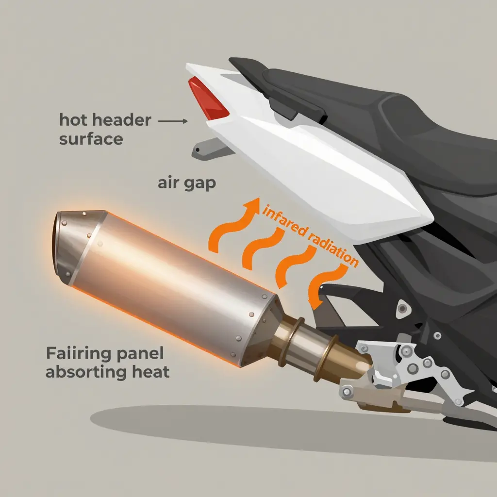 Diagram of radiant heat transferring from a motorcycle exhaust header to a nearby fairing panel