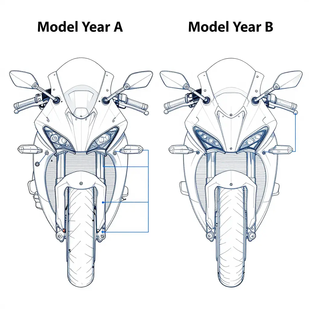 Blueprint-style diagram comparing motorcycle fairing mounting points between two model years