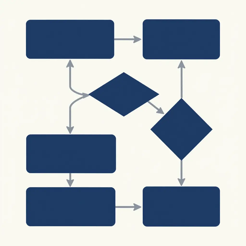 Minimal two-color 2D flowchart showing the buyer's order verification steps: confirming model year, checking mounting points, matching sub-model, and placing the order, connected by simple arrows with no text inside the shapes.