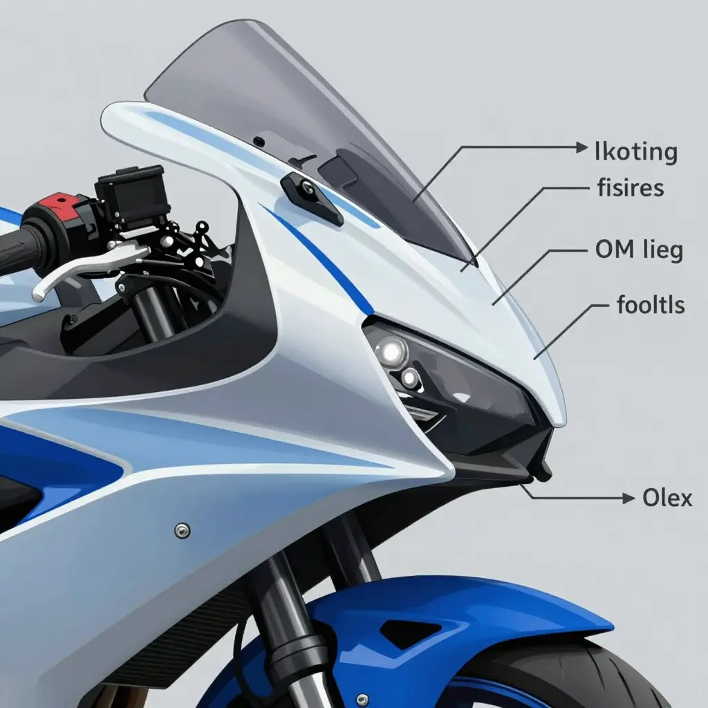 Diagram of a motorcycle fairing showing misaligned seams, uneven gaps, and bolt holes that do not line up with the frame brackets.